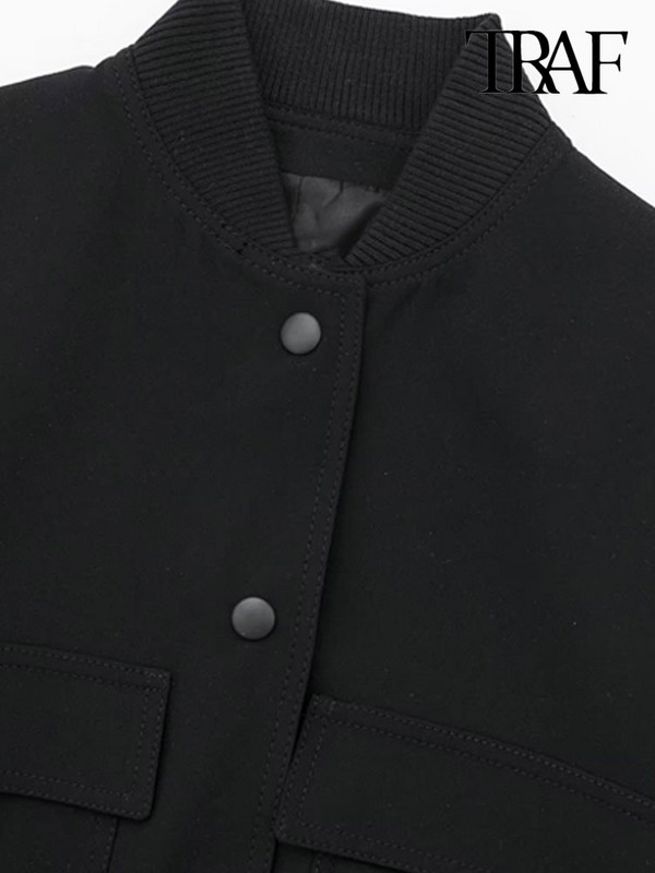 Γυναικεία μόδα TRAF με τσέπες Cropped Bomber παλτό Vintage μακρυμάνικο μπροστινό με κουμπιά γυναικεία πανωφόρια κομψά μπλουζάκια