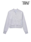 TRAF Γυναικεία Μόδα Μπροστινές Τσέπες Πλεκτό Bomber Jacket Vintage μακρυμάνικο φερμουάρ Γυναικεία πανωφόρια κομψά μπλουζάκια