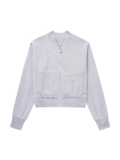TRAF Γυναικεία Μόδα Μπροστινές Τσέπες Πλεκτό Bomber Jacket Vintage μακρυμάνικο φερμουάρ Γυναικεία πανωφόρια κομψά μπλουζάκια
