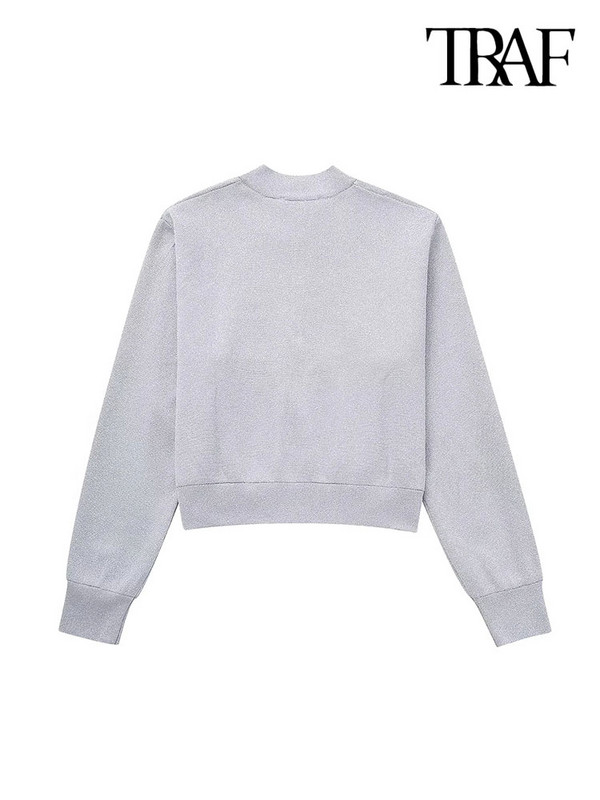 TRAF Дамско модно плетено яке с предни джобове, палто, ретро дамско връхно облекло с дълъг ръкав и цип, шикозни горнища