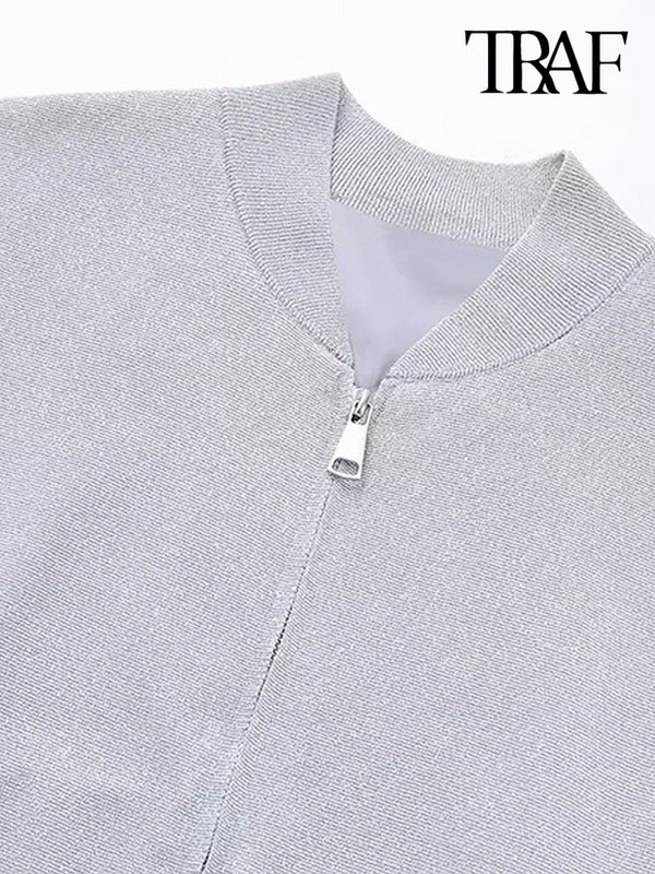 TRAF Дамско модно плетено яке с предни джобове, палто, ретро дамско връхно облекло с дълъг ръкав и цип, шикозни горнища