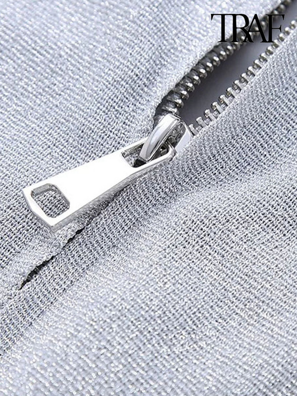 TRAF Дамско модно плетено яке с предни джобове, палто, ретро дамско връхно облекло с дълъг ръкав и цип, шикозни горнища