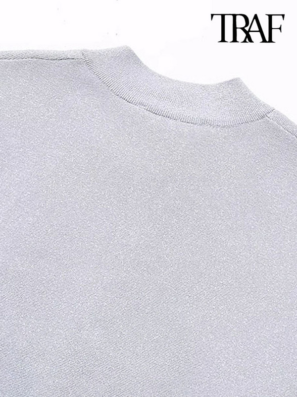 TRAF Дамско модно плетено яке с предни джобове, палто, ретро дамско връхно облекло с дълъг ръкав и цип, шикозни горнища