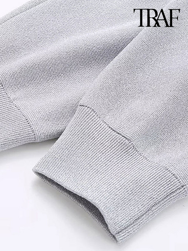 TRAF Дамско модно плетено яке с предни джобове, палто, ретро дамско връхно облекло с дълъг ръкав и цип, шикозни горнища