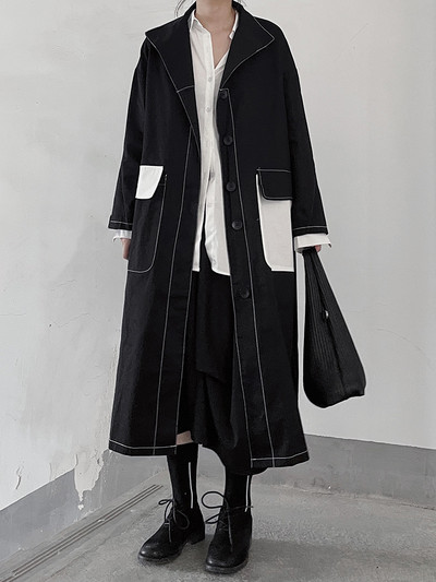 [EAM] Ženska modna vjetrovka s dugim rukavima i dugim rukavima s gornjim šavovima, velike veličine na rever, proljeće jesen 2023. 1DF5196