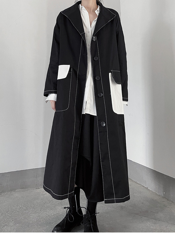 [EAM] Ženska modna vjetrovka s dugim rukavima i dugim rukavima s gornjim šavovima, velike veličine na rever, proljeće jesen 2023. 1DF5196