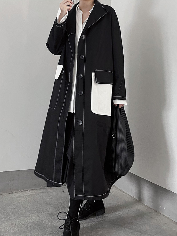 [EAM] Ženska modna vjetrovka s dugim rukavima i dugim rukavima s gornjim šavovima, velike veličine na rever, proljeće jesen 2023. 1DF5196