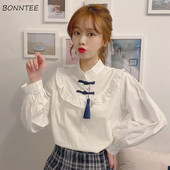 Ризи Дамски стояща яка с дълъг ръкав Бели Есенни колежански Модни дамски блузи в корейски стил Стилни ежедневни Прекрасни прости