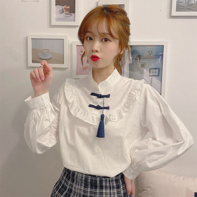 Ризи Дамски стояща яка с дълъг ръкав Бели Есенни колежански Модни дамски блузи в корейски стил Стилни ежедневни Прекрасни прости