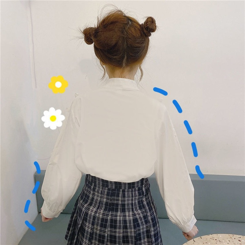 Ризи Дамски стояща яка с дълъг ръкав Бели Есенни колежански Модни дамски блузи в корейски стил Стилни ежедневни Прекрасни прости