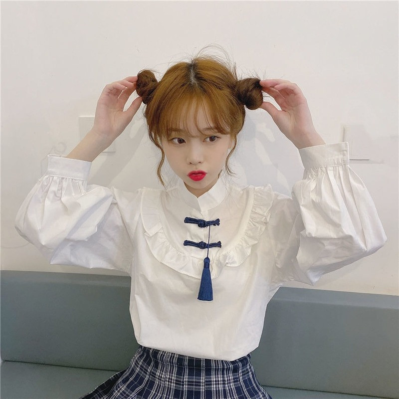 Ризи Дамски стояща яка с дълъг ръкав Бели Есенни колежански Модни дамски блузи в корейски стил Стилни ежедневни Прекрасни прости