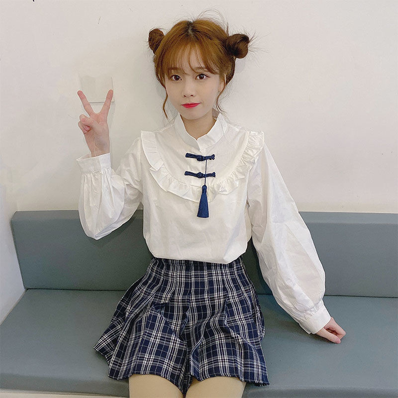 Ризи Дамски стояща яка с дълъг ръкав Бели Есенни колежански Модни дамски блузи в корейски стил Стилни ежедневни Прекрасни прости