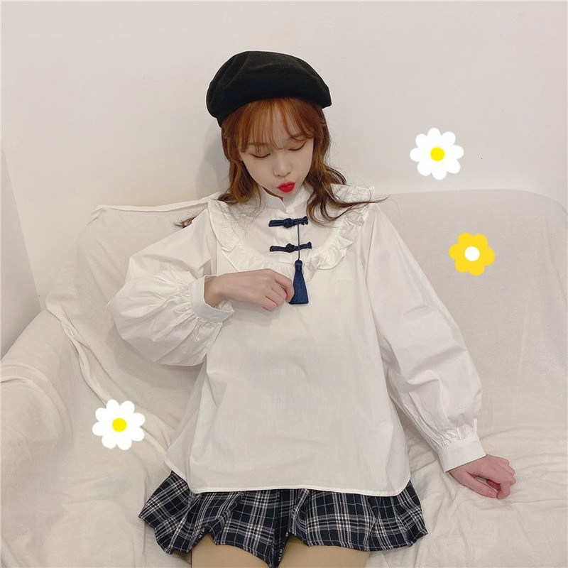 Ризи Дамски стояща яка с дълъг ръкав Бели Есенни колежански Модни дамски блузи в корейски стил Стилни ежедневни Прекрасни прости