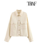 TRAF Дамска мода с джобове Овъргабаритно яке Палто Винтидж Дамско връхно облекло със златни копчета с дълъг ръкав и шик