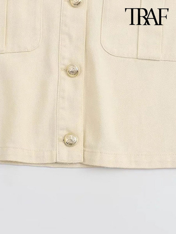 TRAF Дамска мода с джобове Овъргабаритно яке Палто Винтидж Дамско връхно облекло със златни копчета с дълъг ръкав и шик