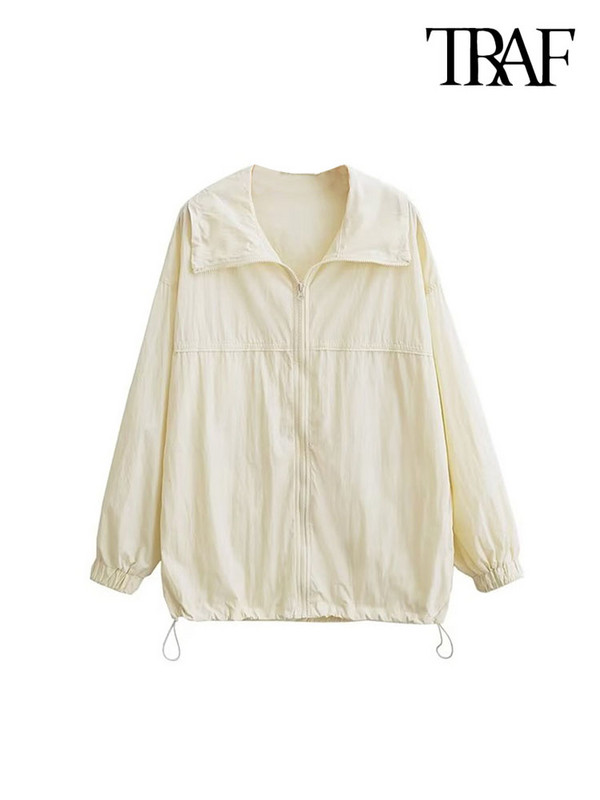 TRAF Дамска мода с джобове Голямо найлоново яке Палто Винтидж Дамско връхно облекло с дълъг ръкав и преден цип Шикозни горнища