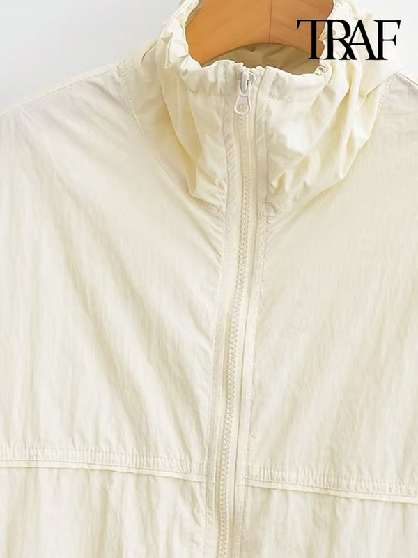 TRAF Дамска мода с джобове Голямо найлоново яке Палто Винтидж Дамско връхно облекло с дълъг ръкав и преден цип Шикозни горнища