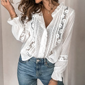 Άνοιξη φθινόπωρο γυναικεία μπλούζα μόδας Casual βολάν Πουκάμισο V λαιμόκοψη μακρυμάνικο κοίλο έξω μπλούζες Office Lady Loose μπλούζες