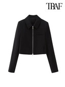 TRAF Дамско модно изрязано яке с преден цип Палто Винтидж яка с ревер и яка с дълъг ръкав Дамско връхно облекло Шикозни топове