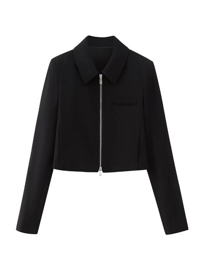 TRAF Дамско модно изрязано яке с преден цип Палто Винтидж яка с ревер и яка с дълъг ръкав Дамско връхно облекло Шикозни топове