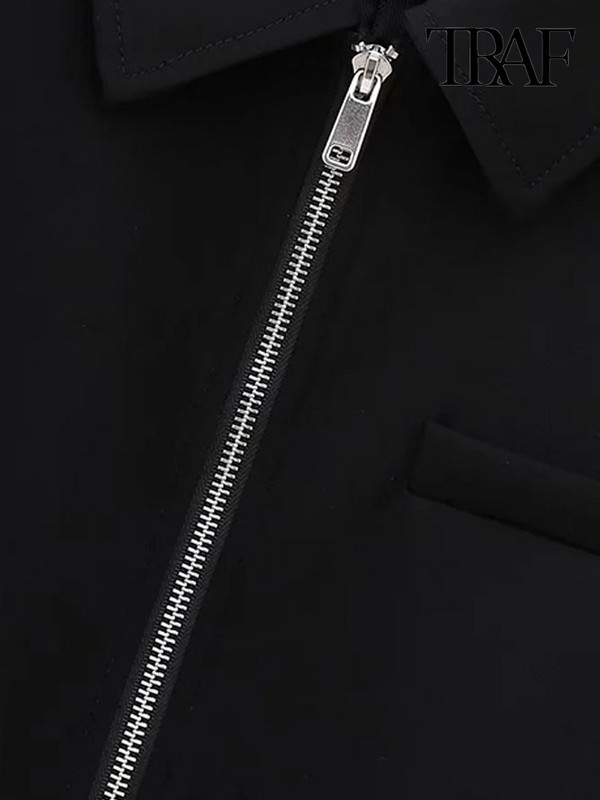 TRAF Дамско модно изрязано яке с преден цип Палто Винтидж яка с ревер и яка с дълъг ръкав Дамско връхно облекло Шикозни топове