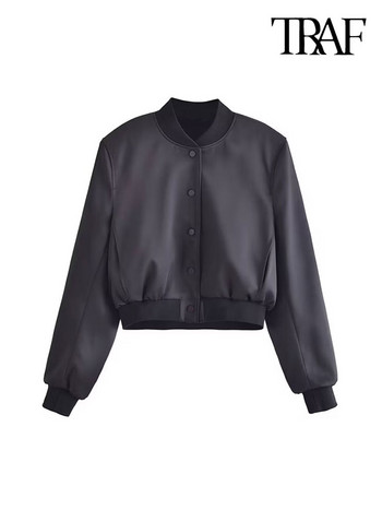 TRAF Γυναικεία Μόδα με Τσέπες Σατέν Cropped Bomber Jacket Vintage μακρυμάνικο κουμπιά γυναικεία πανωφόρια κομψά μπλουζάκια