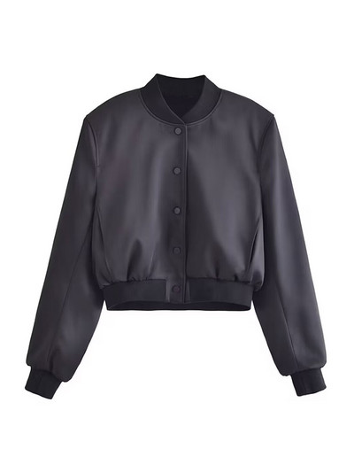 TRAF Дамска мода с джобове Сатенено изрязано бомбардировъчно яке Палто Винтидж Дамско връхно облекло с копчета и дълъг ръкав Шикозни топове