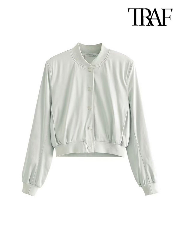 TRAF Дамска мода с джобове Сатенено изрязано бомбардировъчно яке Палто Винтидж Дамско връхно облекло с копчета и дълъг ръкав Шикозни топове