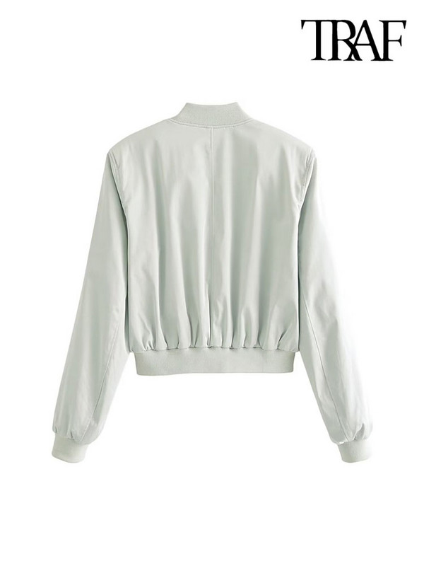 TRAF Дамска мода с джобове Сатенено изрязано бомбардировъчно яке Палто Винтидж Дамско връхно облекло с копчета и дълъг ръкав Шикозни топове