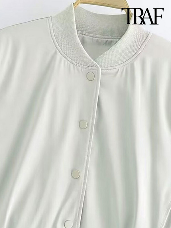 TRAF Дамска мода с джобове Сатенено изрязано бомбардировъчно яке Палто Винтидж Дамско връхно облекло с копчета и дълъг ръкав Шикозни топове