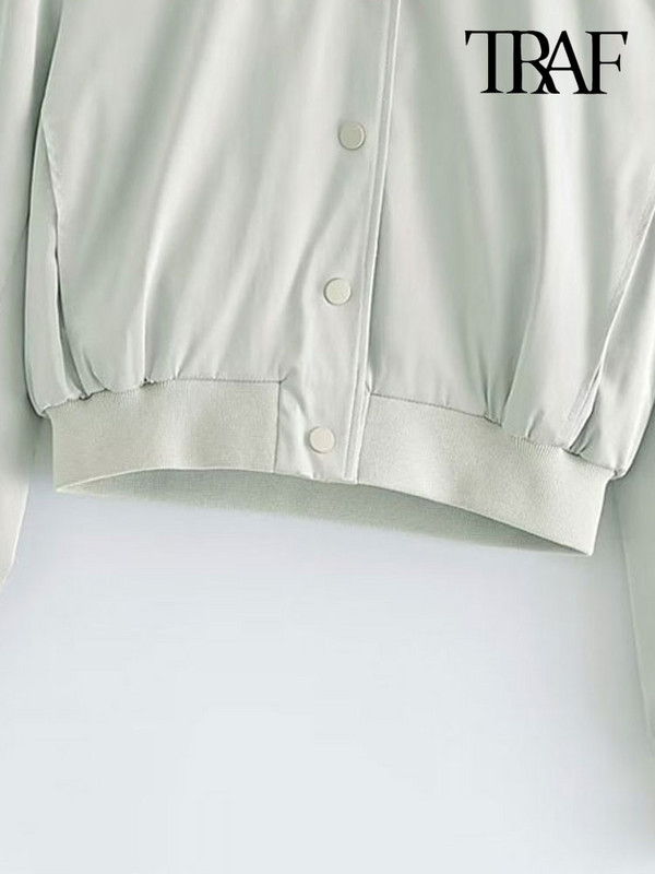 TRAF Дамска мода с джобове Сатенено изрязано бомбардировъчно яке Палто Винтидж Дамско връхно облекло с копчета и дълъг ръкав Шикозни топове