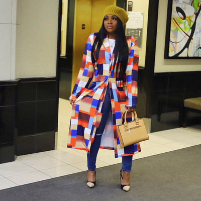 Дамско палто с ежедневен свободен принт Дамско пачуърк Пролетно дълго палто с пълен ръкав 2023 г. Ретро стил Елегантно улично облекло