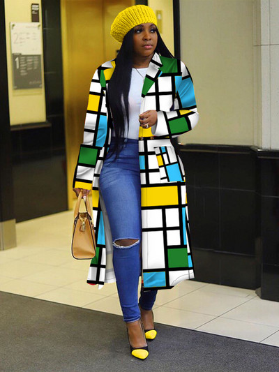 Дамско палто с ежедневен свободен принт Дамско пачуърк Пролетно дълго палто с пълен ръкав 2023 г. Ретро стил Елегантно улично облекло