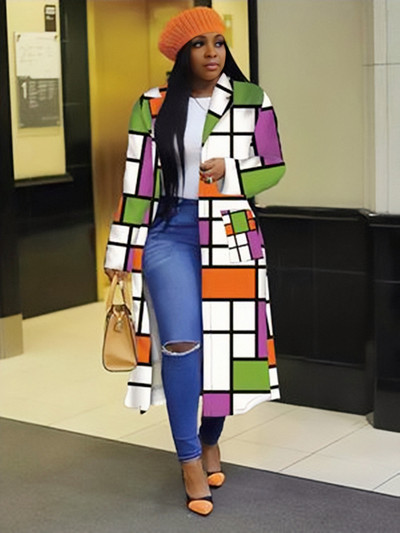 Дамско палто с ежедневен свободен принт Дамско пачуърк Пролетно дълго палто с пълен ръкав 2023 г. Ретро стил Елегантно улично облекло