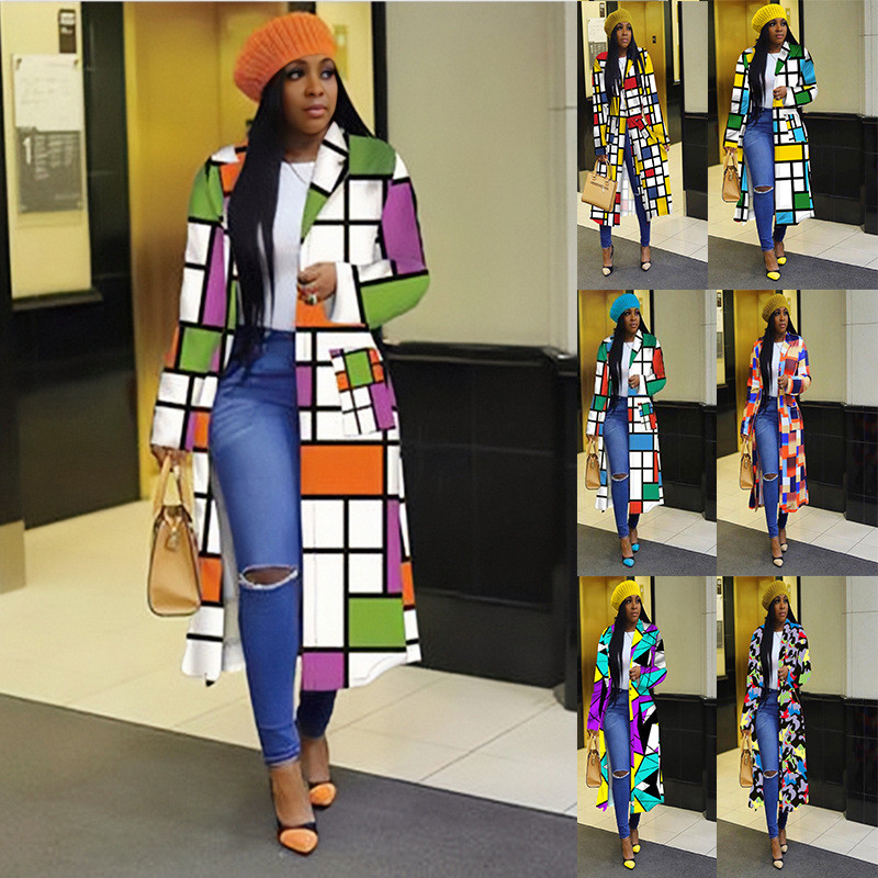 Дамско палто с ежедневен свободен принт Дамско пачуърк Пролетно дълго палто с пълен ръкав 2023 г. Ретро стил Елегантно улично облекло