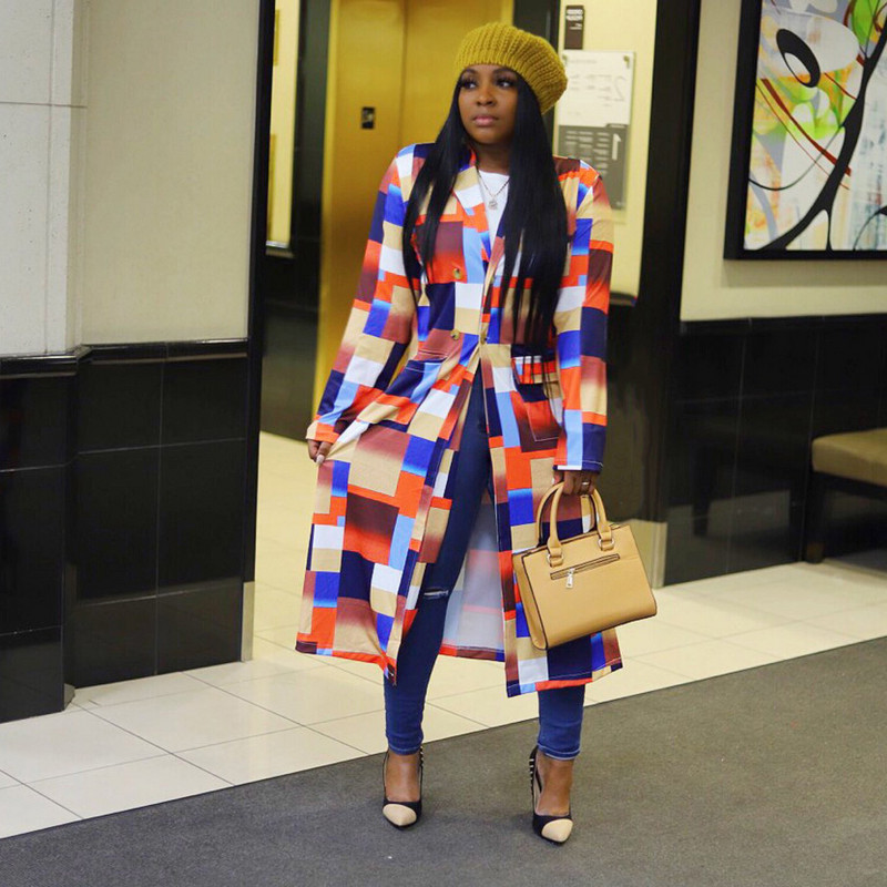 Дамско палто с ежедневен свободен принт Дамско пачуърк Пролетно дълго палто с пълен ръкав 2023 г. Ретро стил Елегантно улично облекло