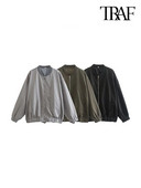TRAF Women Fashion Oversized Παλτό Bomber Jacket Vintage μακρυμάνικο μπροστινό φερμουάρ Γυναικεία πανωφόρια κομψά μπλουζάκια