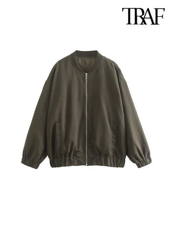 TRAF Women Fashion Oversized Παλτό Bomber Jacket Vintage μακρυμάνικο μπροστινό φερμουάρ Γυναικεία πανωφόρια κομψά μπλουζάκια