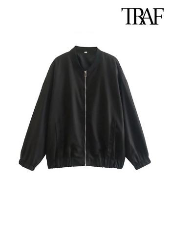 TRAF Women Fashion Oversized Παλτό Bomber Jacket Vintage μακρυμάνικο μπροστινό φερμουάρ Γυναικεία πανωφόρια κομψά μπλουζάκια