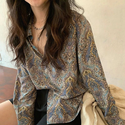 MEXZT Vintage Πουκάμισα Γυναικεία Harajuku Fashion Print Μακρυμάνικα Υπερμεγέθη μπλούζες Ρετρό Streetwear Loose Casual Chic Ζακέτες