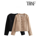 TRAF Дамска мода с джобове Меко вълнено яке Палто Винтидж Дамско връхно облекло с копчета с дълги ръкави Шикозни топове