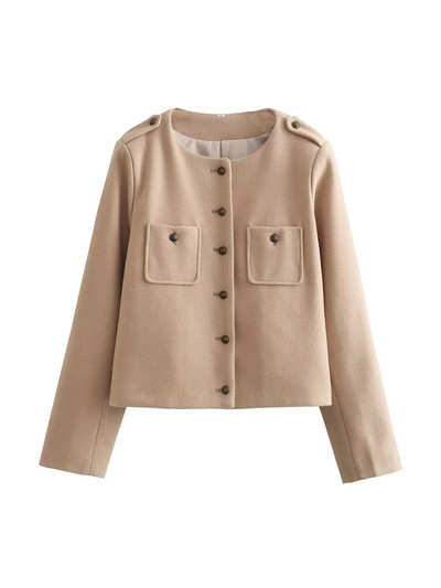 TRAF Дамска мода с джобове Меко вълнено яке Палто Винтидж Дамско връхно облекло с копчета с дълги ръкави Шикозни топове