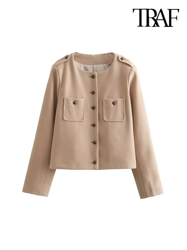 TRAF Дамска мода с джобове Меко вълнено яке Палто Винтидж Дамско връхно облекло с копчета с дълги ръкави Шикозни топове