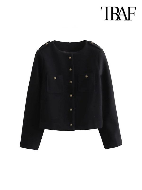 TRAF Дамска мода с джобове Меко вълнено яке Палто Винтидж Дамско връхно облекло с копчета с дълги ръкави Шикозни топове