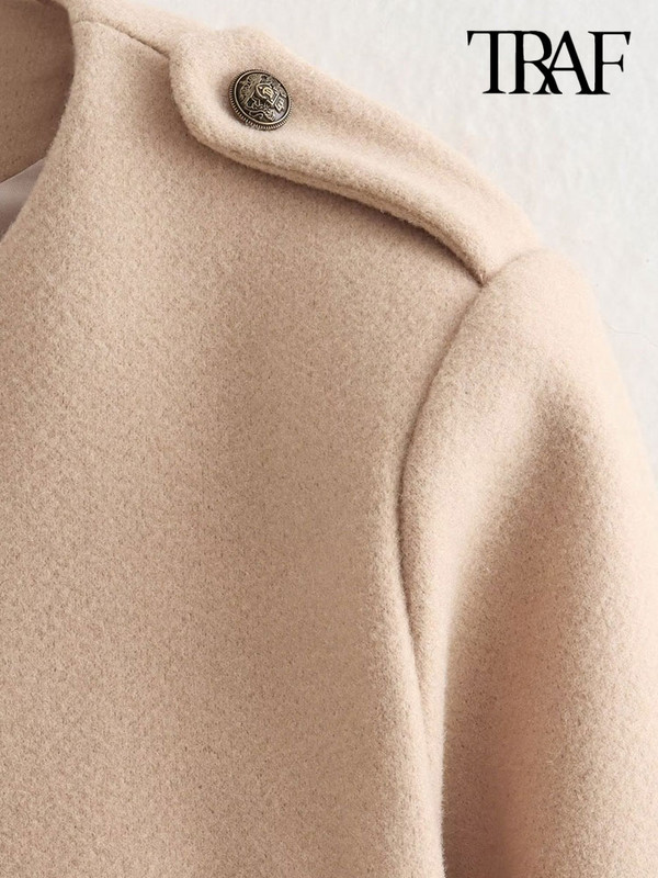 TRAF Дамска мода с джобове Меко вълнено яке Палто Винтидж Дамско връхно облекло с копчета с дълги ръкави Шикозни топове