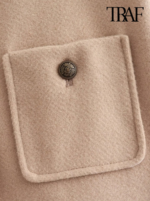 TRAF Дамска мода с джобове Меко вълнено яке Палто Винтидж Дамско връхно облекло с копчета с дълги ръкави Шикозни топове