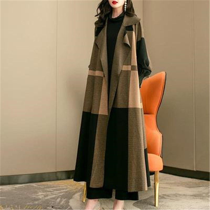 Нови постъпления през 2022 г. Модна дамска ветровка Пролет Есен Дамски супер дълги палта OL Карирани свободни женски палта