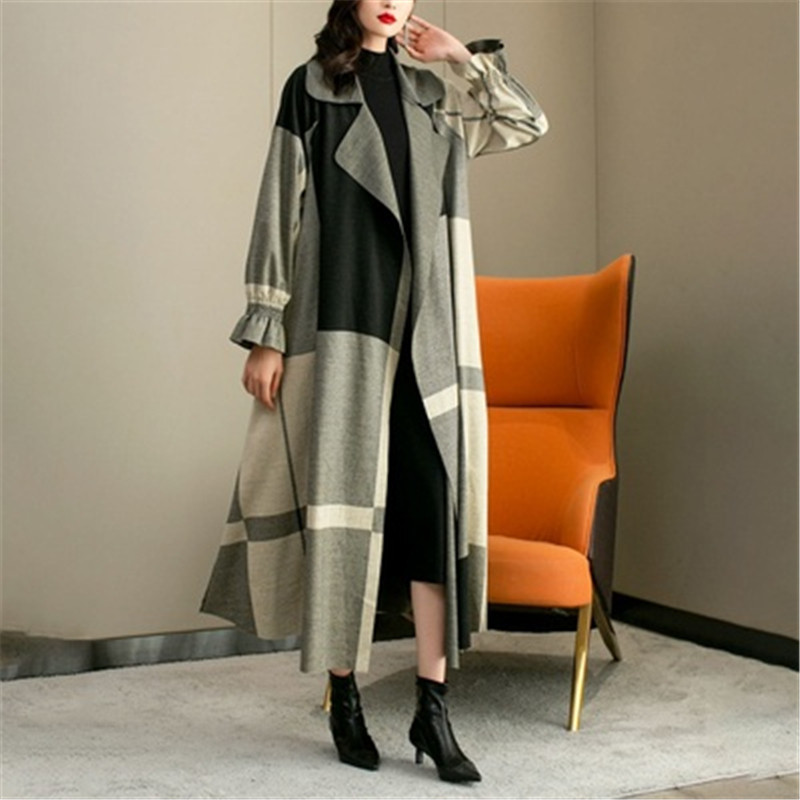Нови постъпления през 2022 г. Модна дамска ветровка Пролет Есен Дамски супер дълги палта OL Карирани свободни женски палта