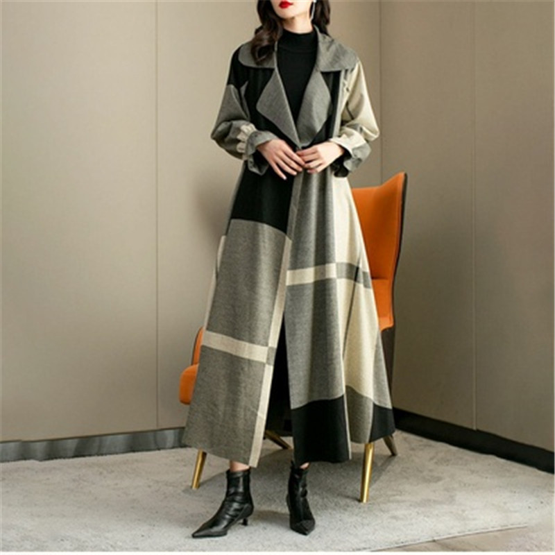 Нови постъпления през 2022 г. Модна дамска ветровка Пролет Есен Дамски супер дълги палта OL Карирани свободни женски палта