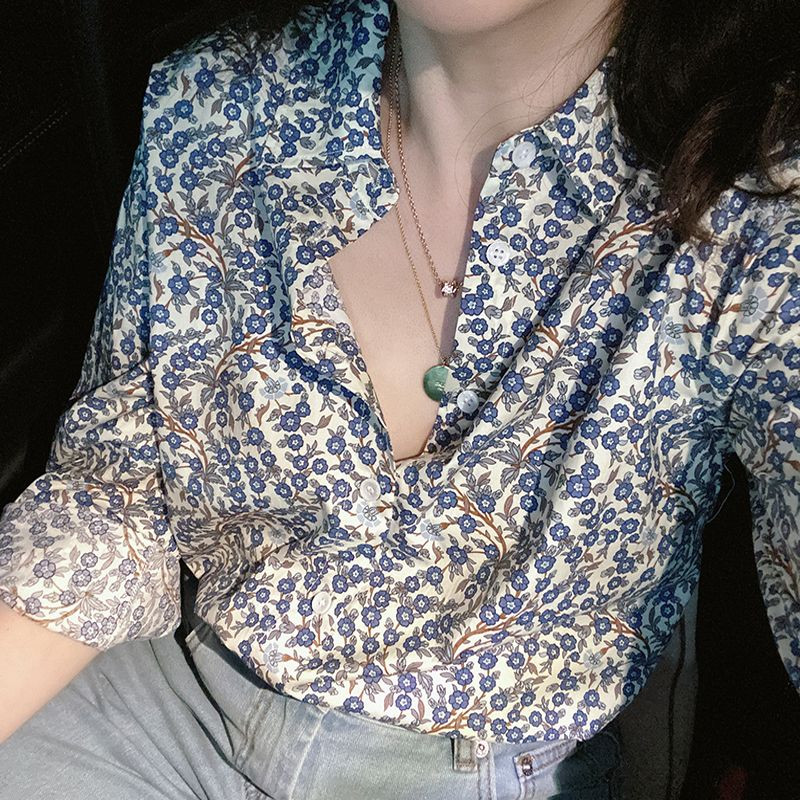 Френско малцинствено изкуство Ретро риза Лятна нова лозова щампа Флорални свободни големи с дълги ръкави ПОЛО яка Едноредна модна ежедневна